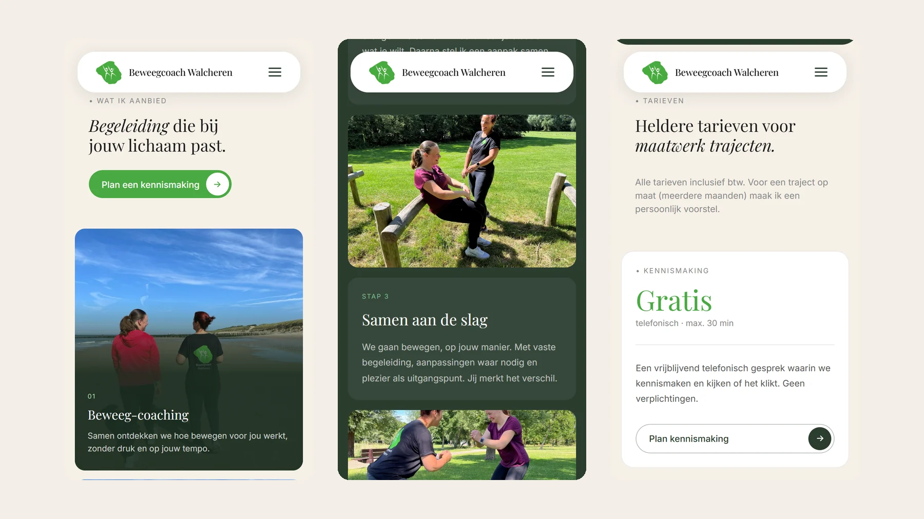 De site van Beweegcoach Walcheren op drie telefoonschermen