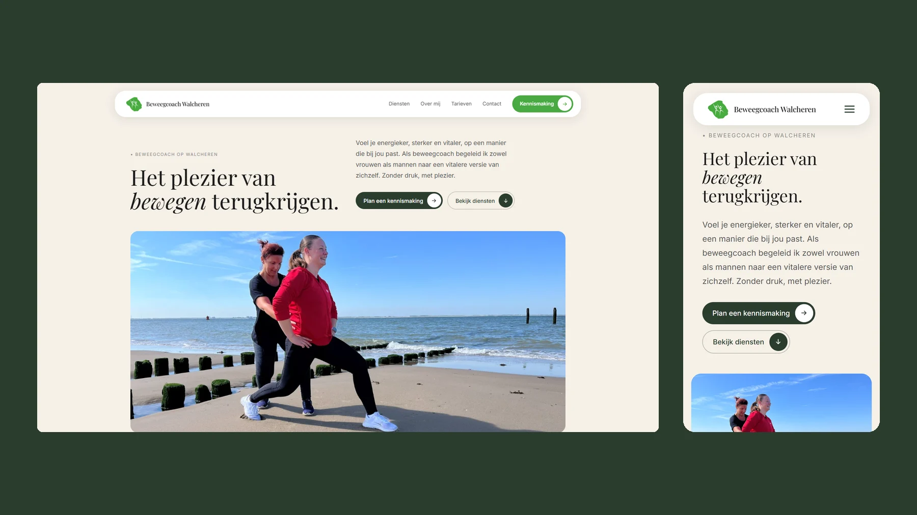 De site van Beweegcoach Walcheren op laptop en telefoon
