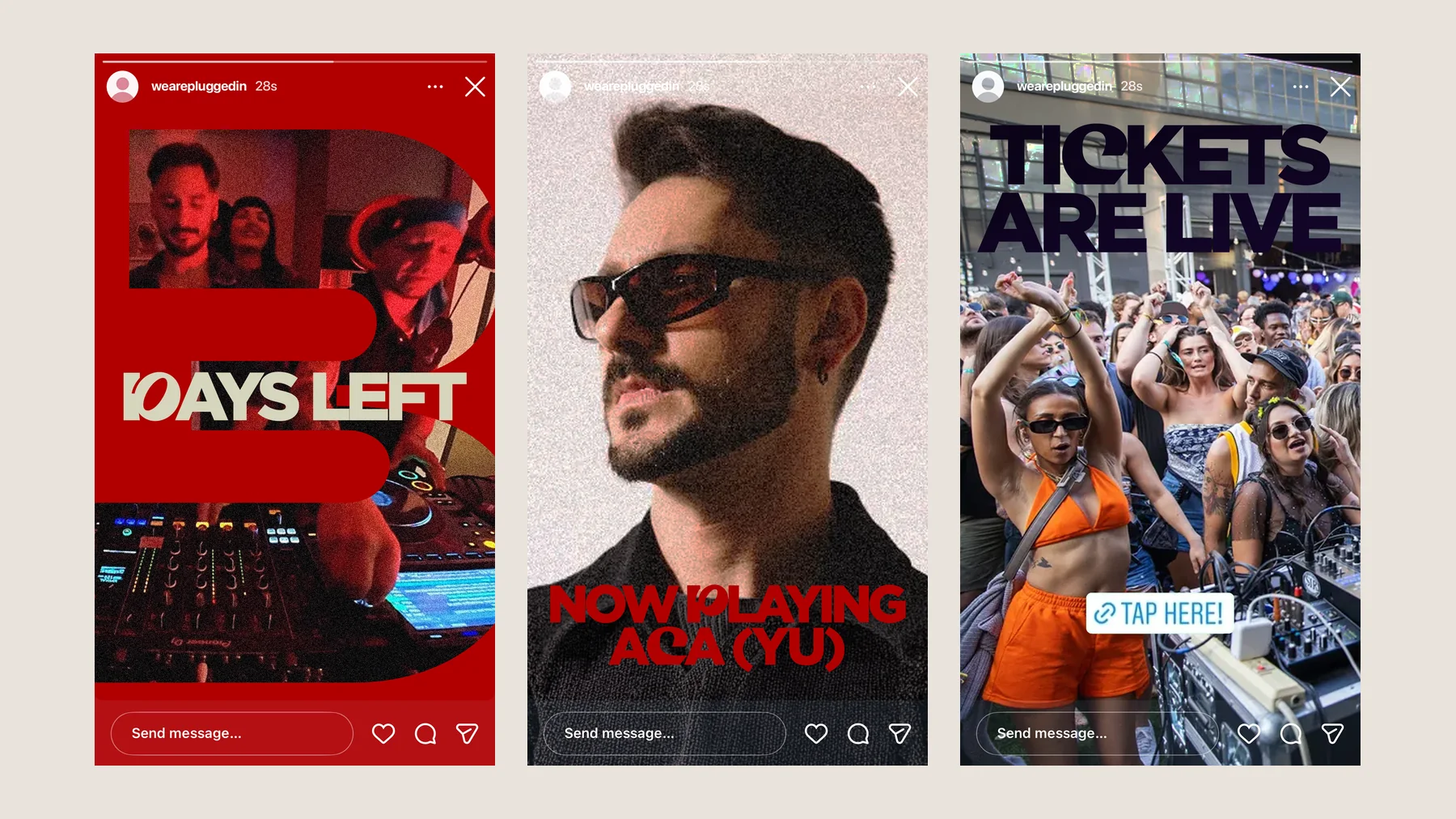 Drie Instagram-stories van Plugged In: aftellen, line-up en tickets